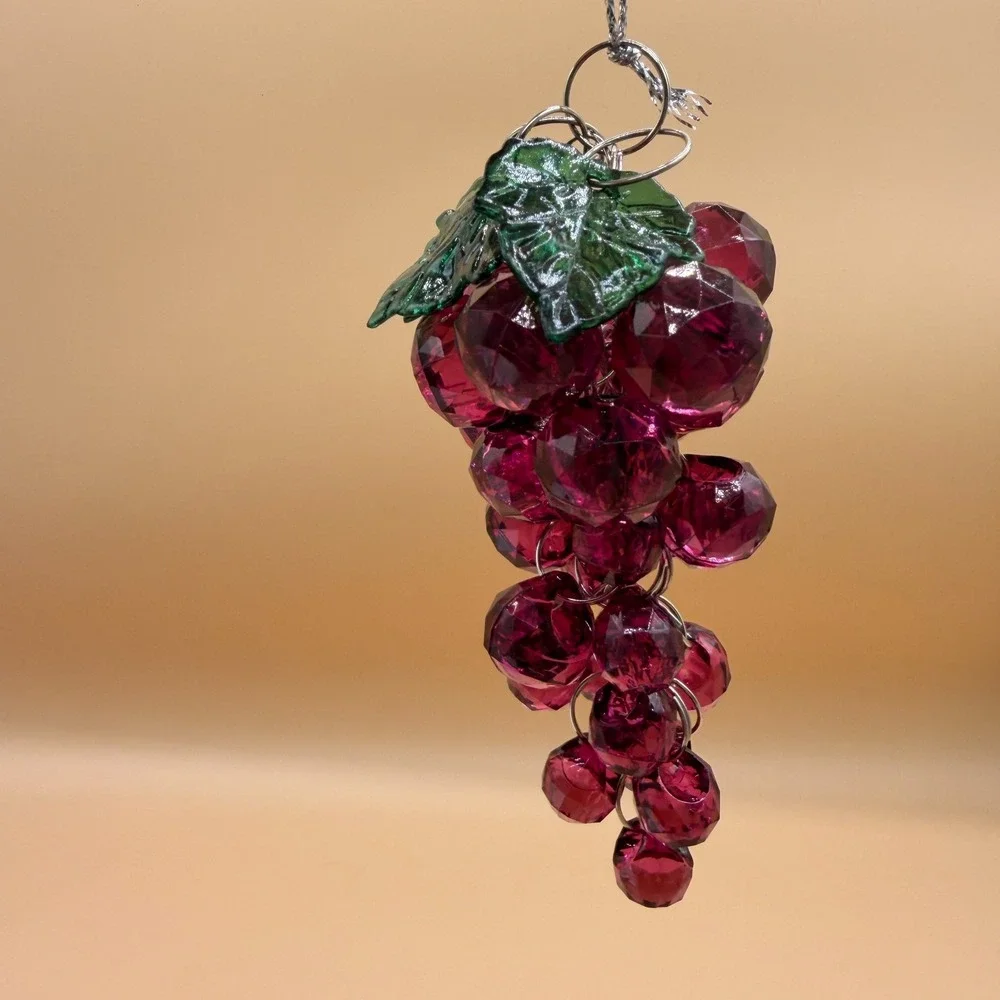 Grape Cluster Ornament Faceted Acrylic Beads Green Leaves Hanging Decor